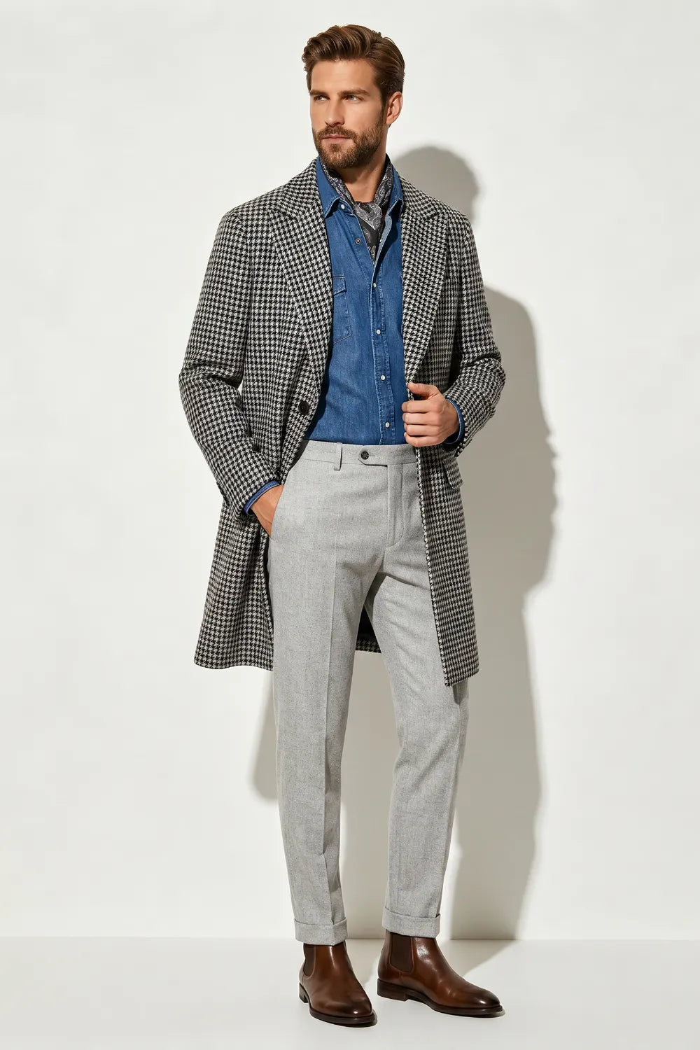 Men's Classic Houndstooth Single-Breasted Overcoat