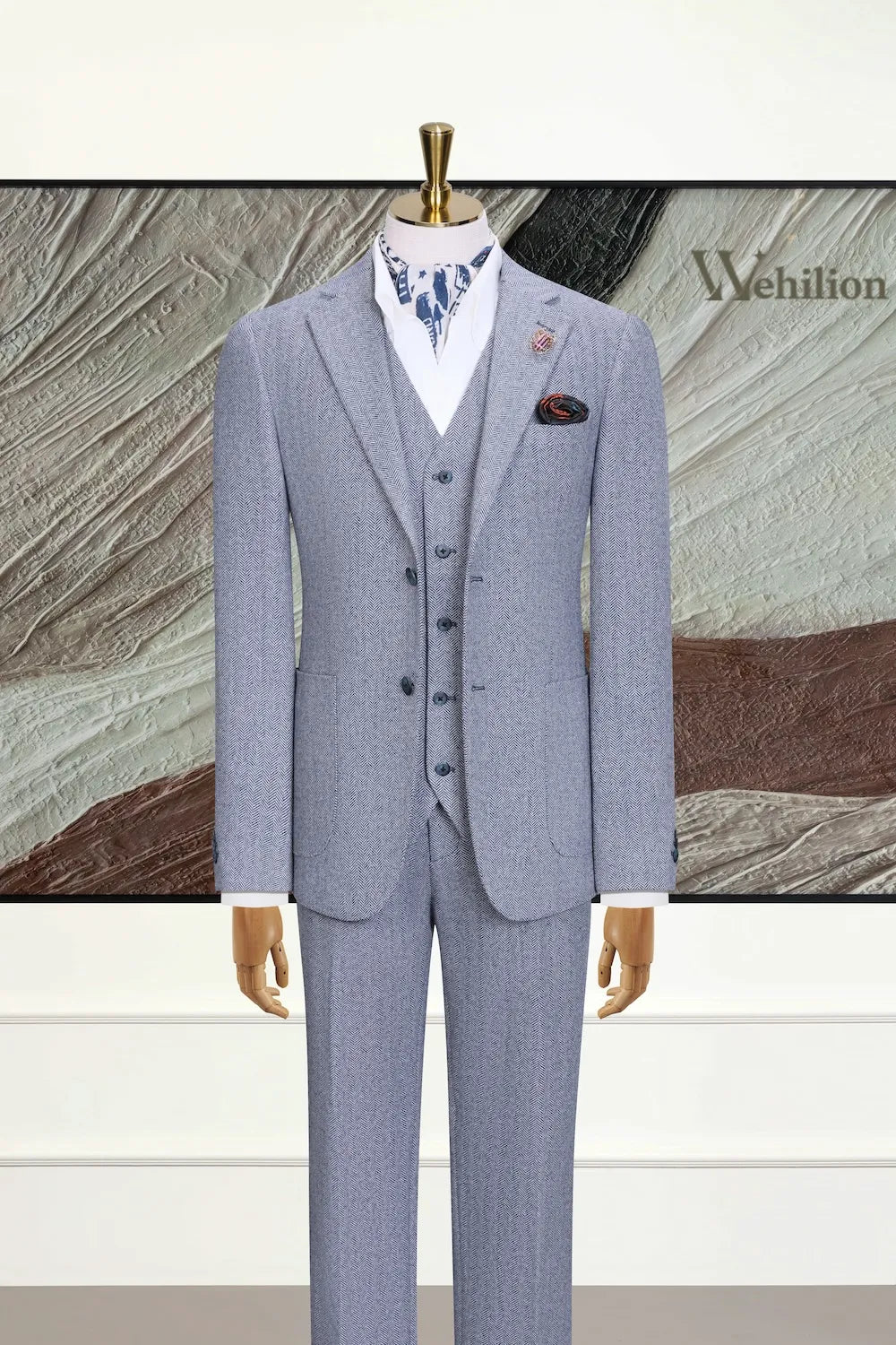 Men's Timeless Wool Blend Herringbone 3 Piece Suit