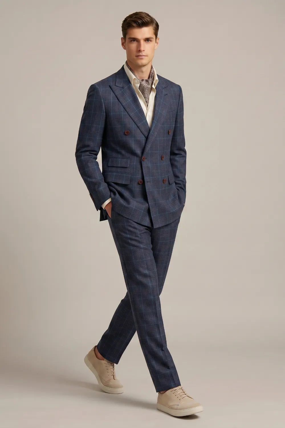Men's Blue Windowpane Double Breasted 2-Piece Suit