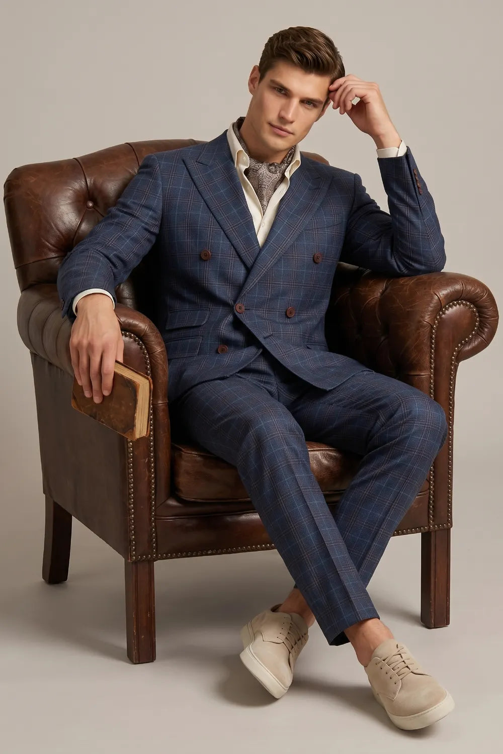 Men's Blue Windowpane Double Breasted 2-Piece Suit