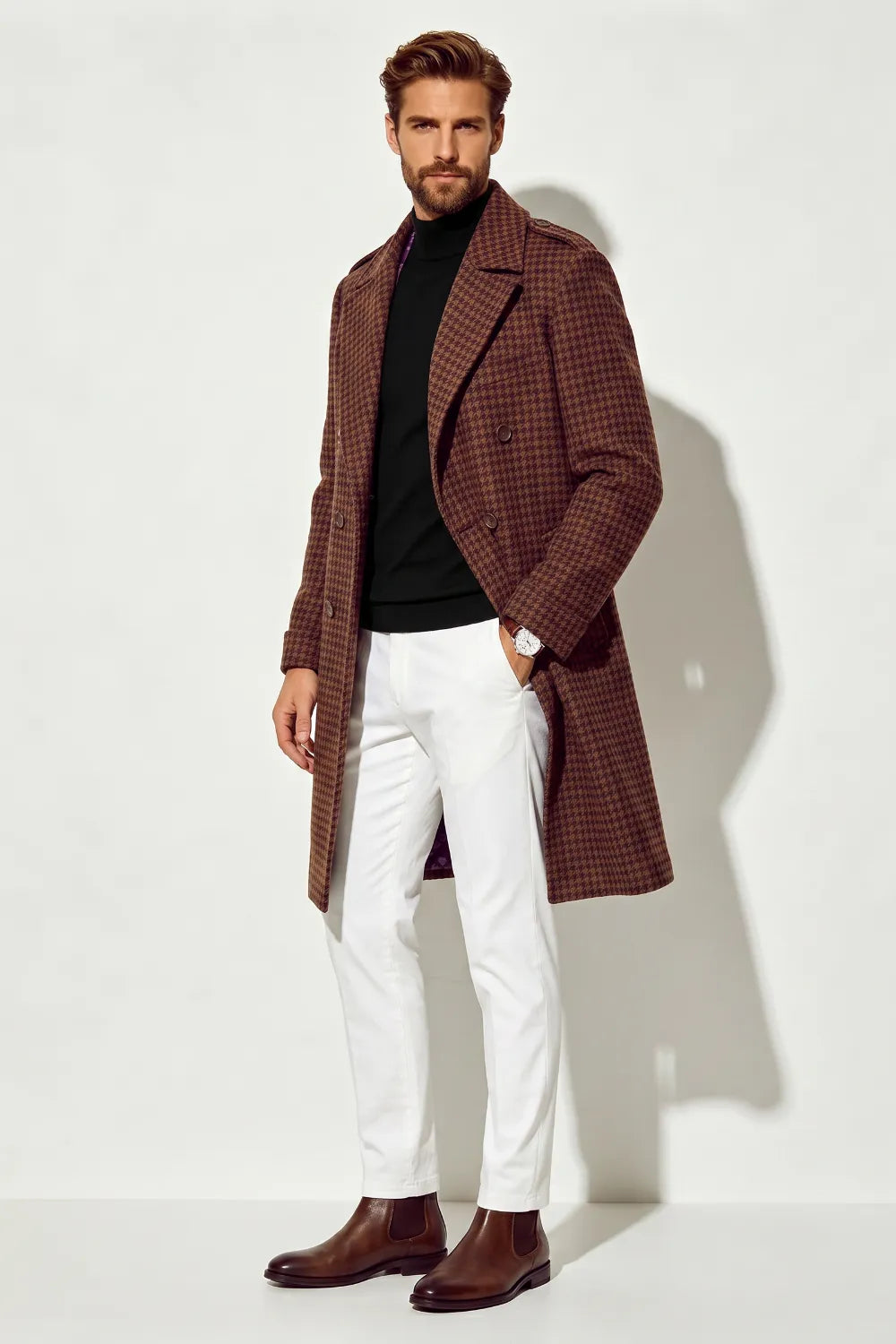 Men's Houndstooth Double-Breasted Long Overcoat