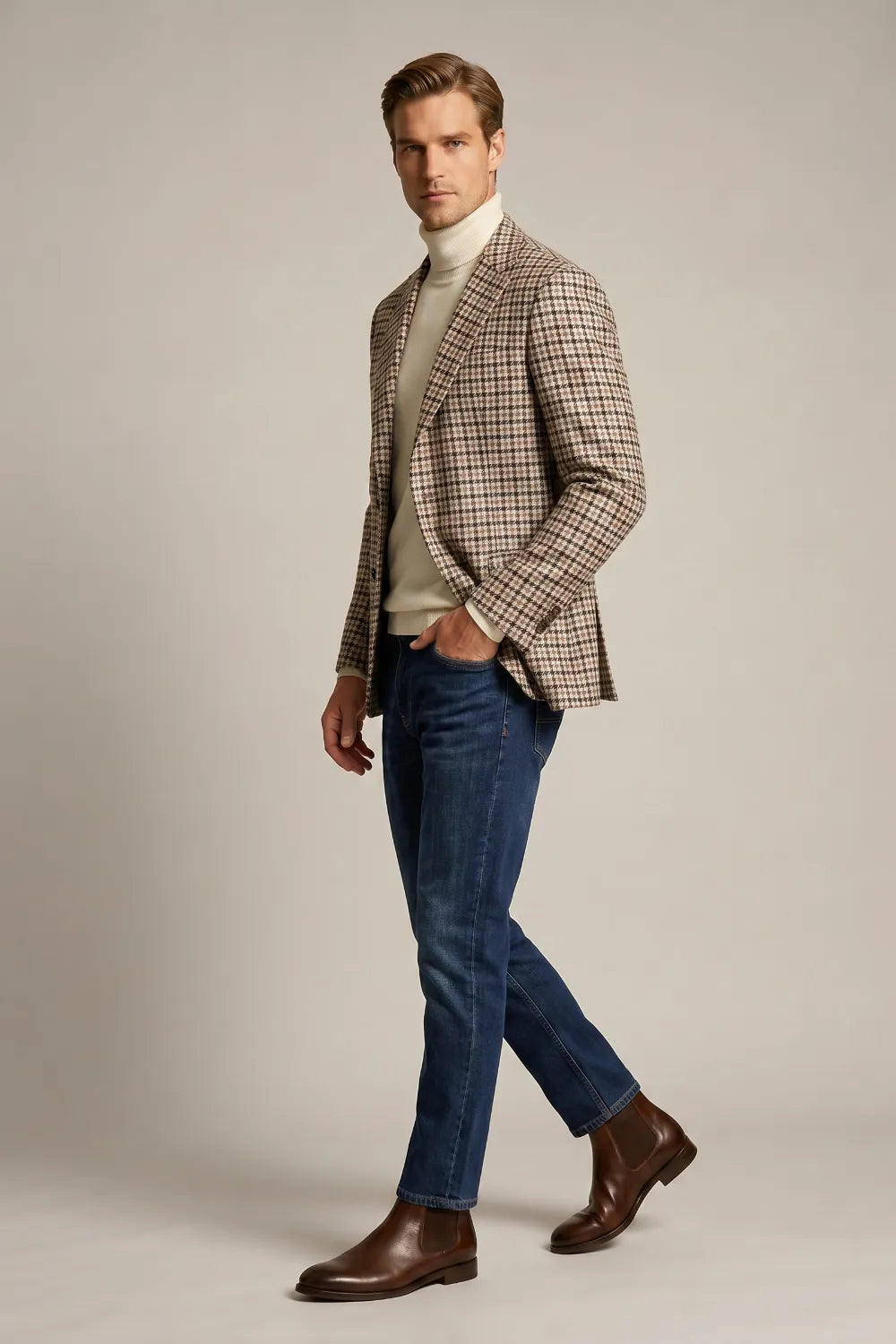 Men's Camel Houndstooth Tweed Blazer