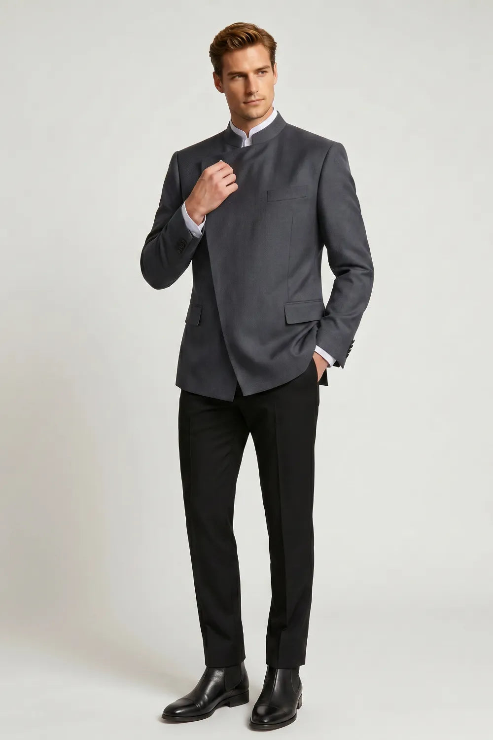 Men's Charcoal Grey Mandarin Collar 2-Piece Suit