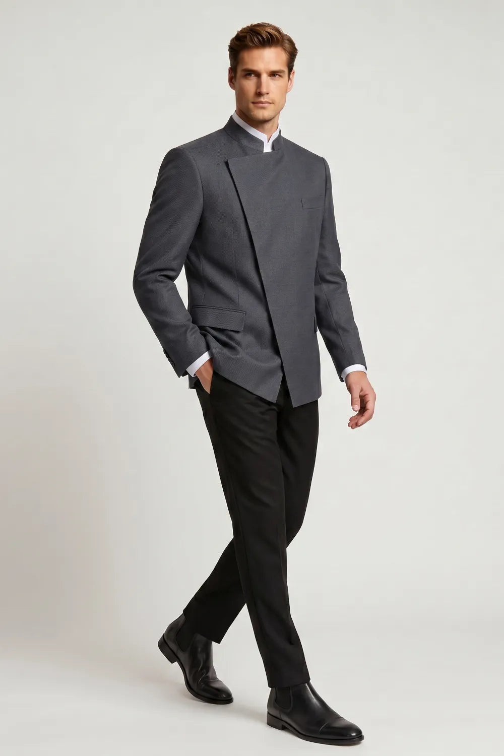Men's Charcoal Grey Mandarin Collar 2-Piece Suit