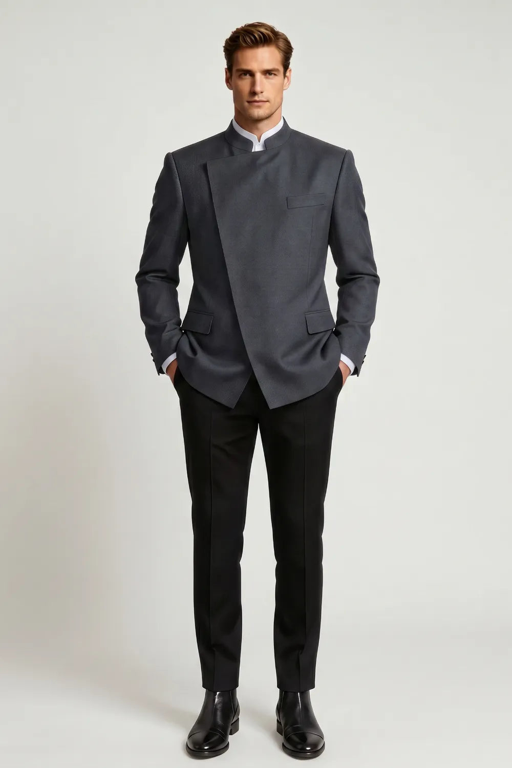 Men's Charcoal Grey Mandarin Collar 2-Piece Suit