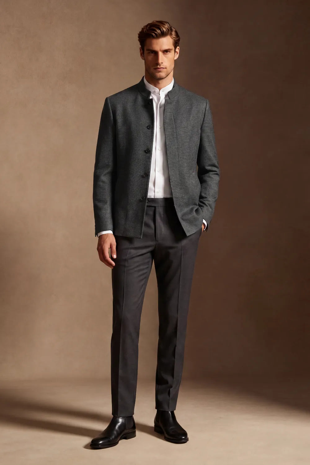 Men's Charcoal Grey Textured Mandarin Collar 2 Piece Suit