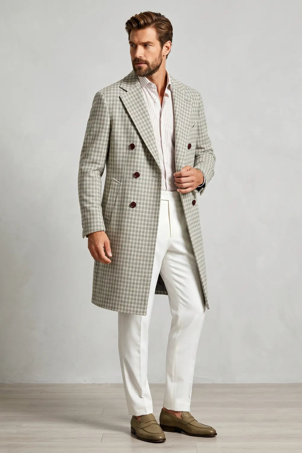 Men's Classic Houndstooth Double-Breasted Overcoat