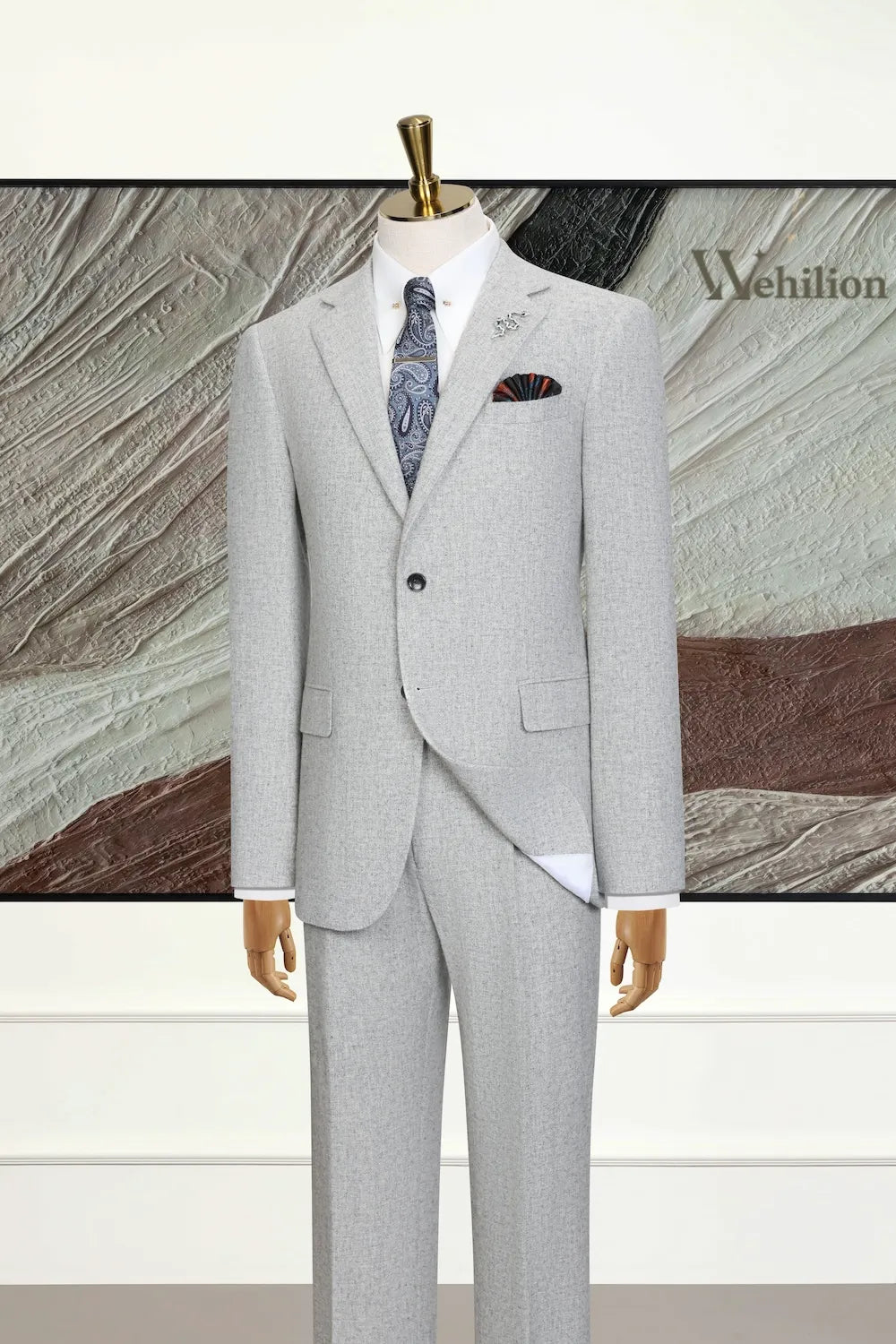 Men's Grey Classic Wool Herringbone 3 Piece Suit