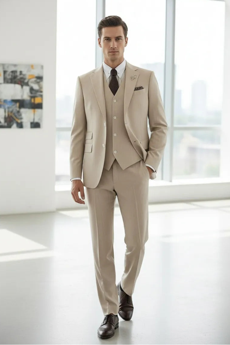Men's Classic Khaki Stripe 3 Piece Suits