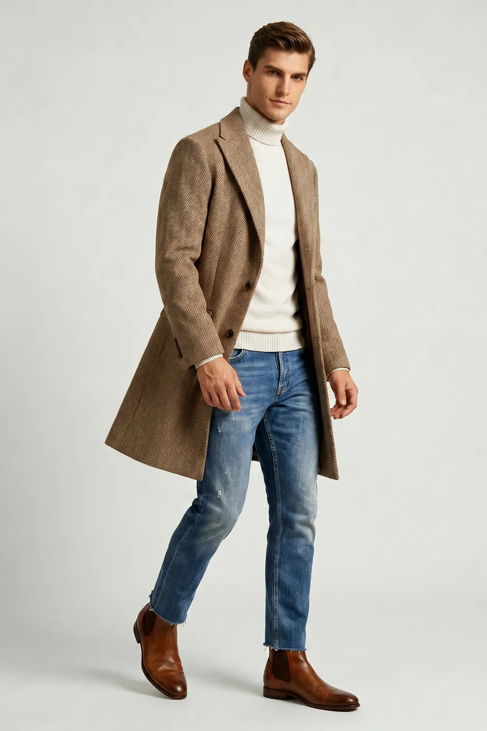 Men's Khaki Herringbone Wool Blend Overcoat