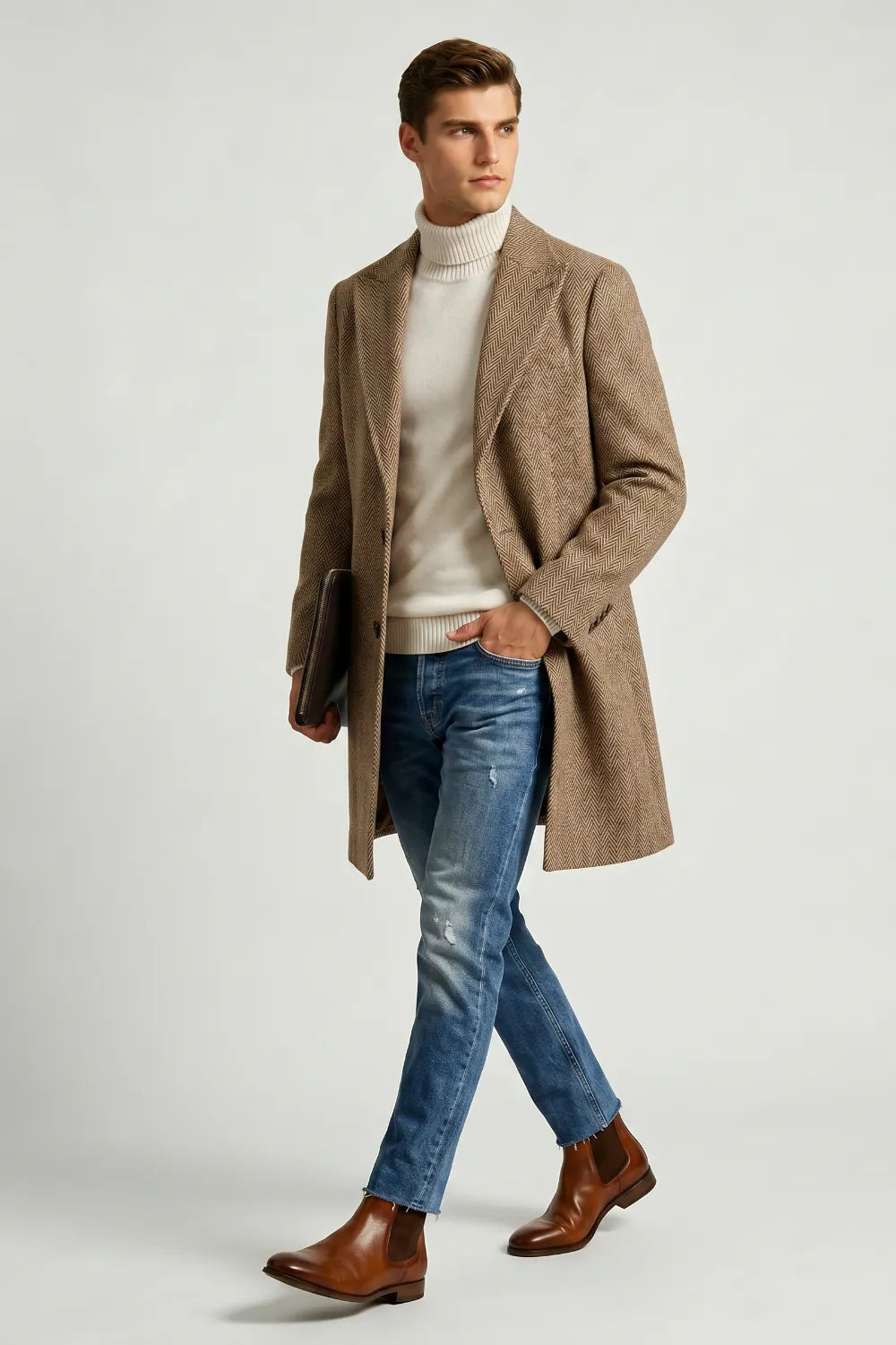 Men's Khaki Herringbone Wool Blend Overcoat