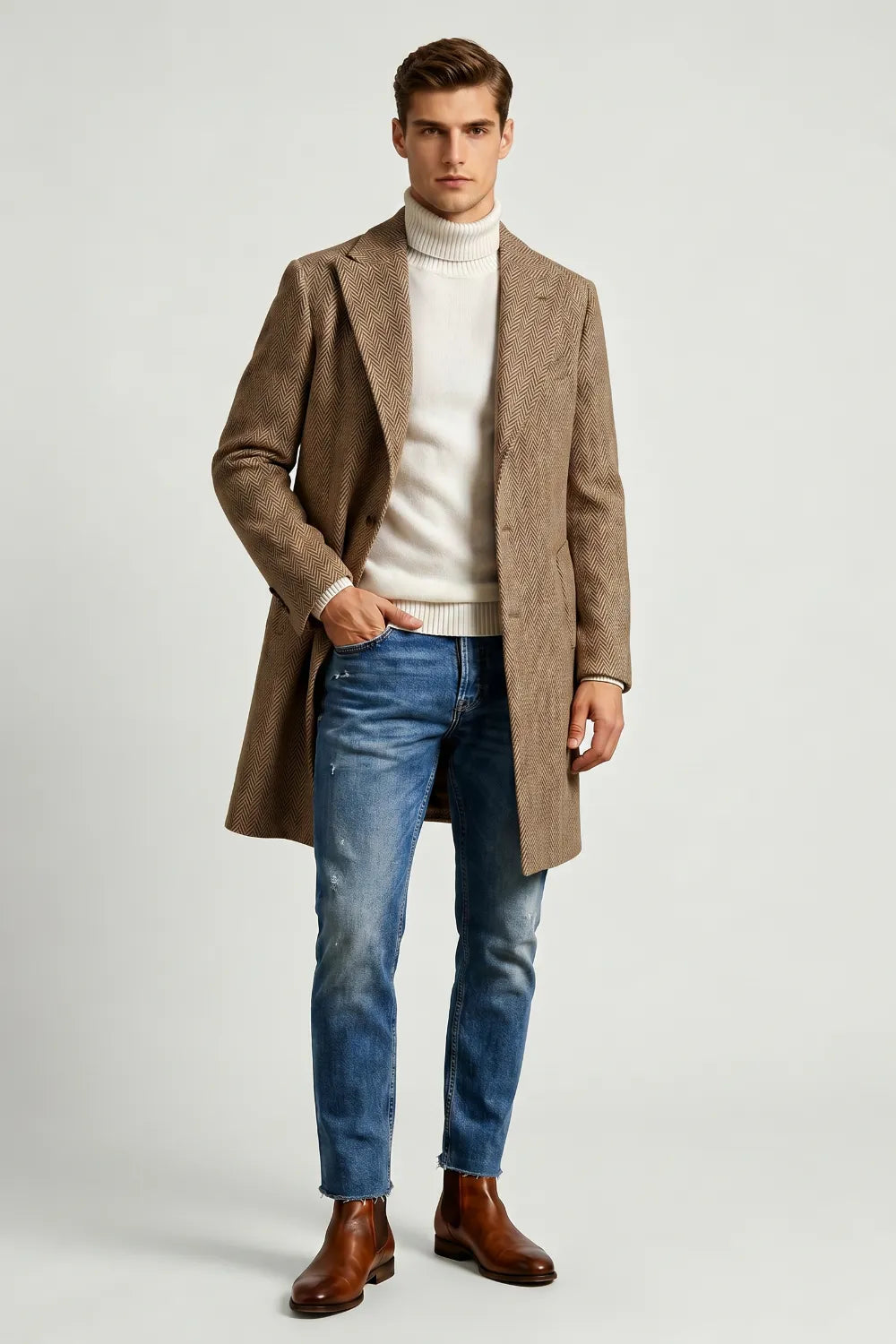 Men's Khaki Herringbone Wool Blend Overcoat
