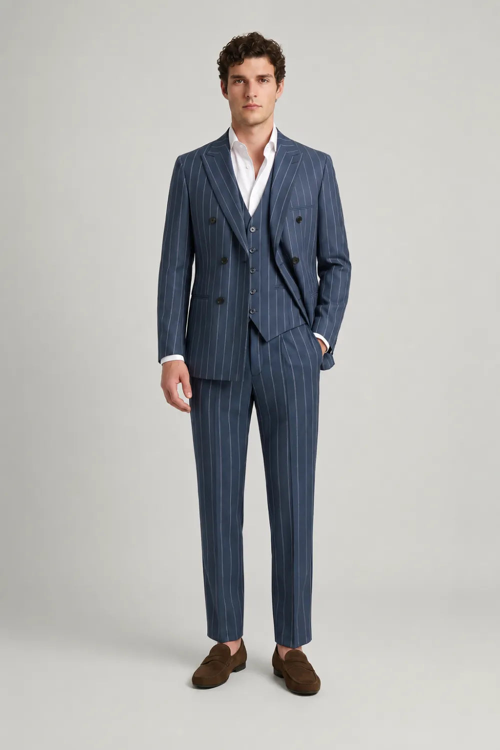 Men's Navy Pinstripe Double Breasted 3 Piece Suit