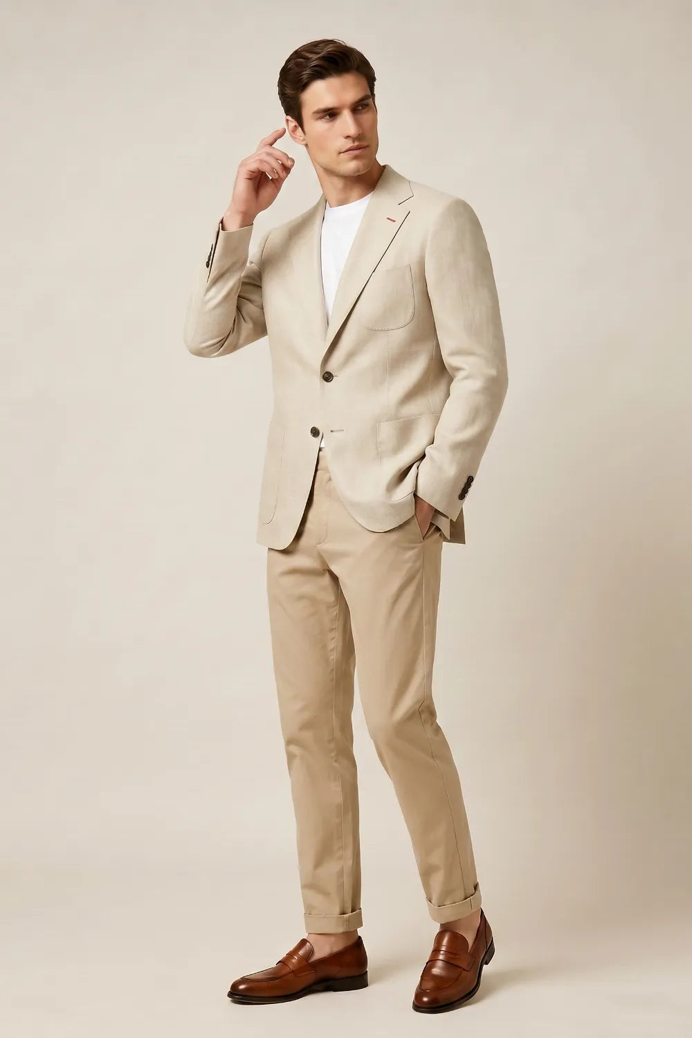 Men's Beige Notch Lapel Linen Blend 2 Piece Suit