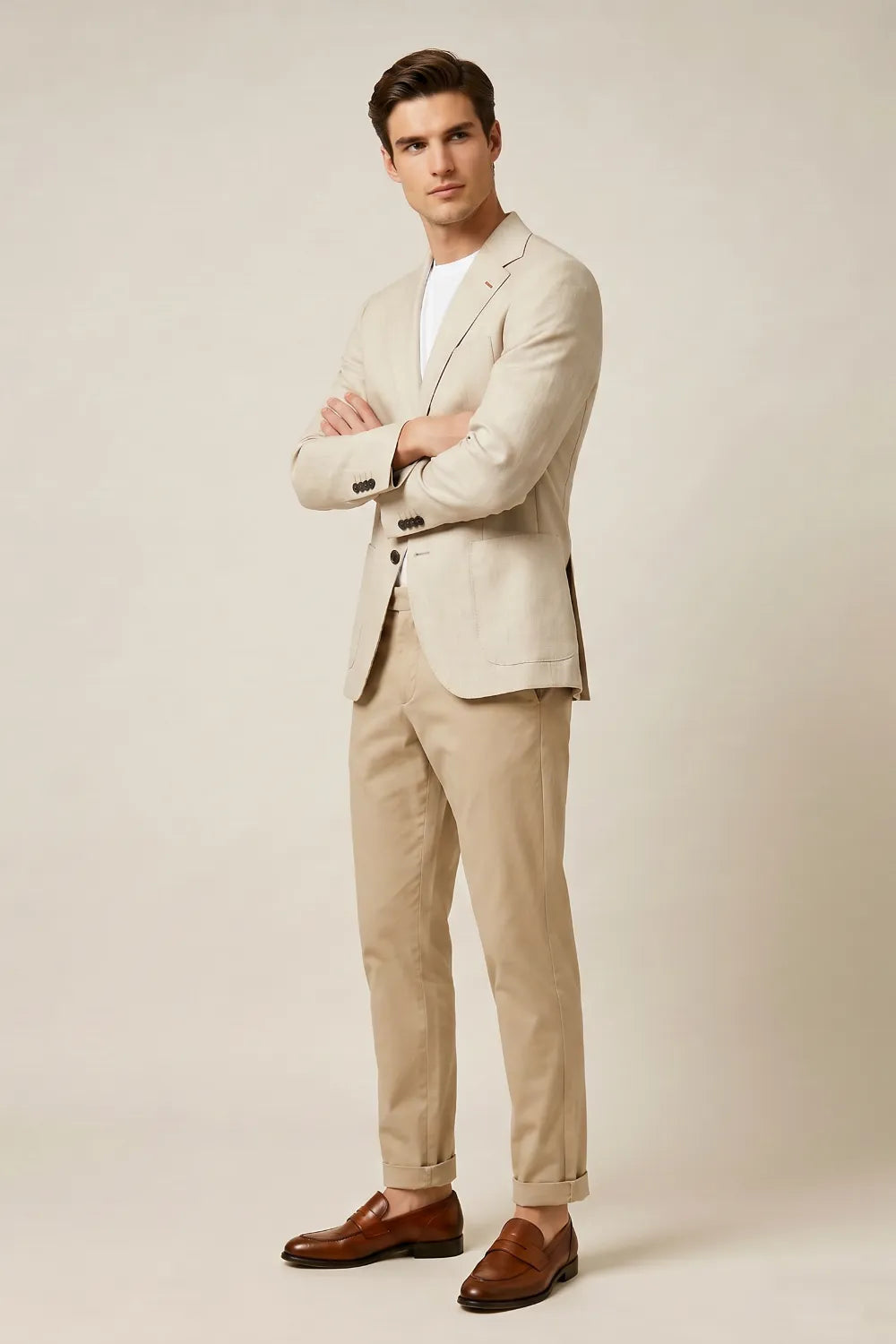 Men's Beige Notch Lapel Linen Blend 2 Piece Suit