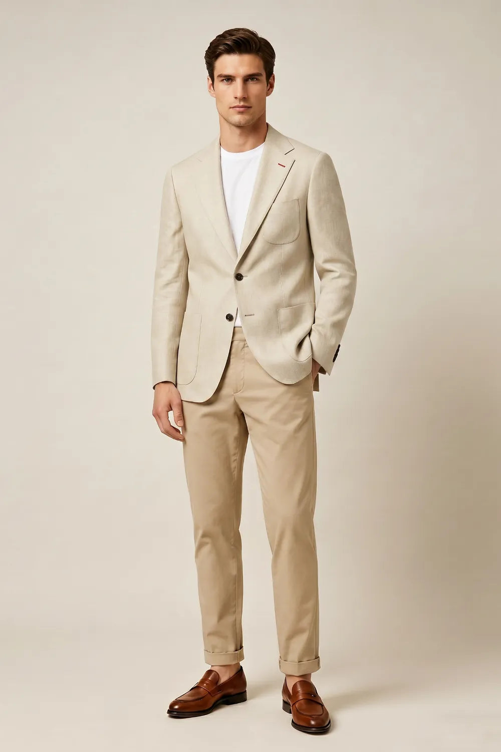 Men's Beige Notch Lapel Linen Blend 2 Piece Suit