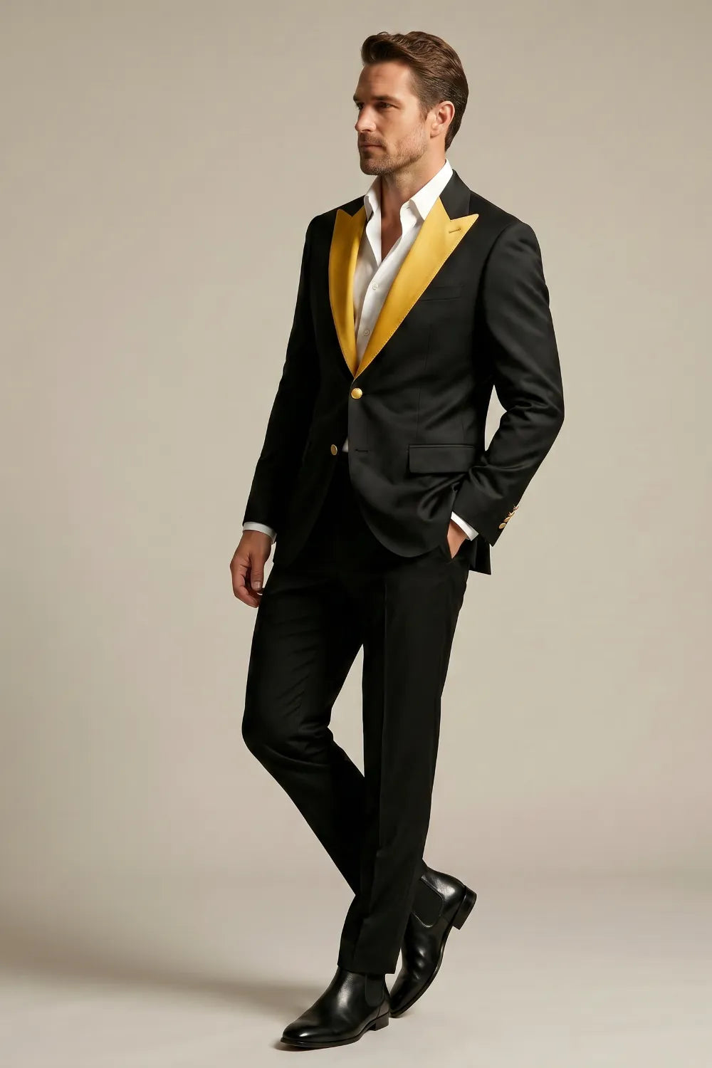 Men's Black And Gold Peak Lapel 2-Piece Tuxedo Suit