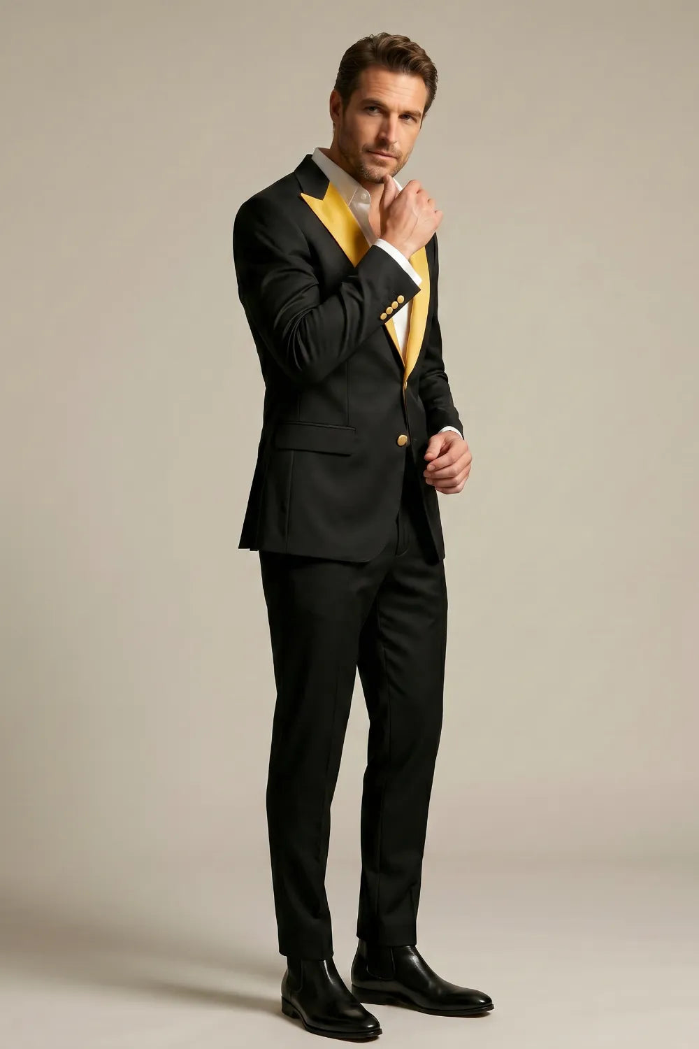 Men's Black And Gold Peak Lapel 2-Piece Tuxedo Suit