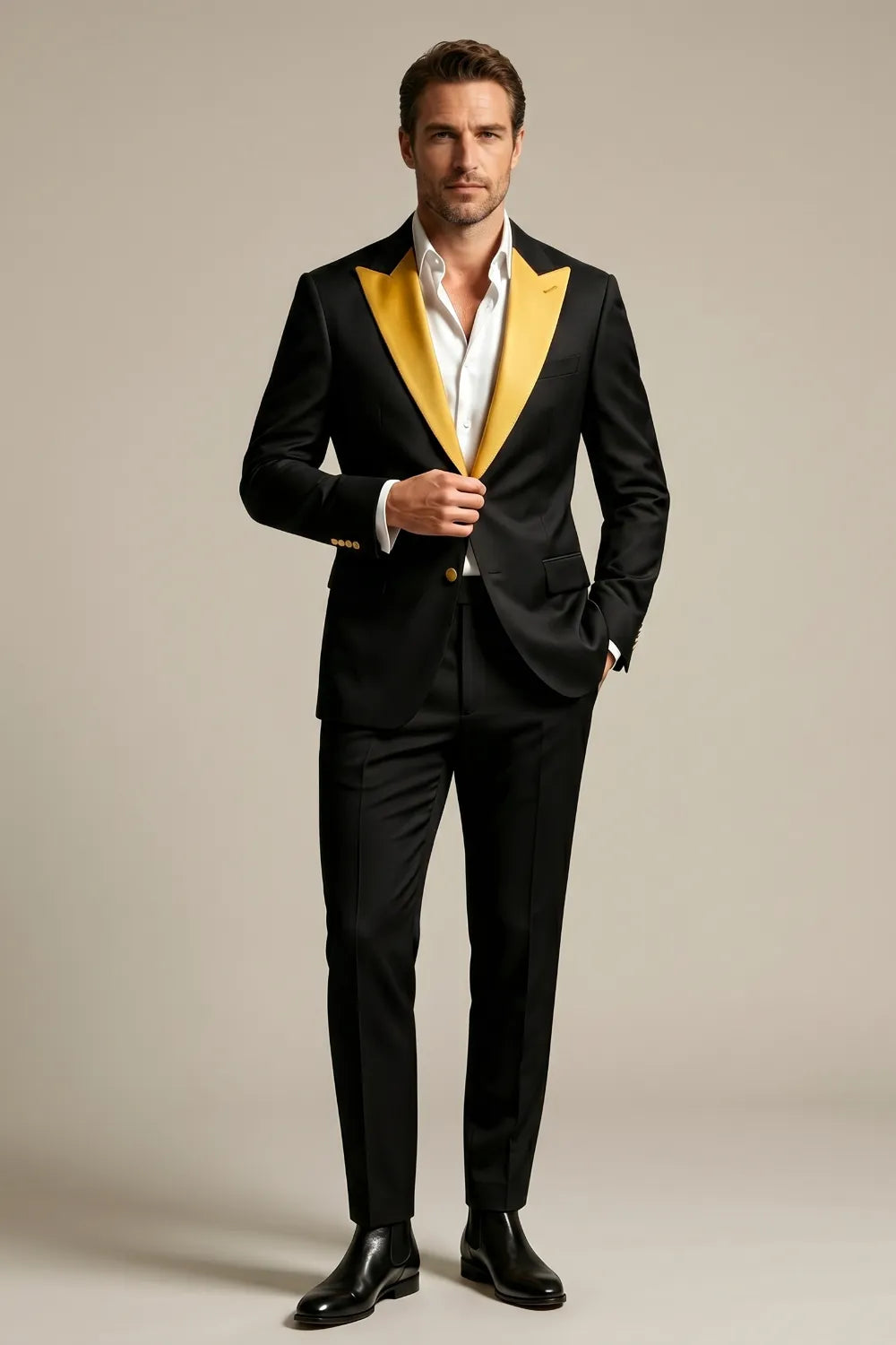 Men's Black And Gold Peak Lapel 2-Piece Tuxedo Suit