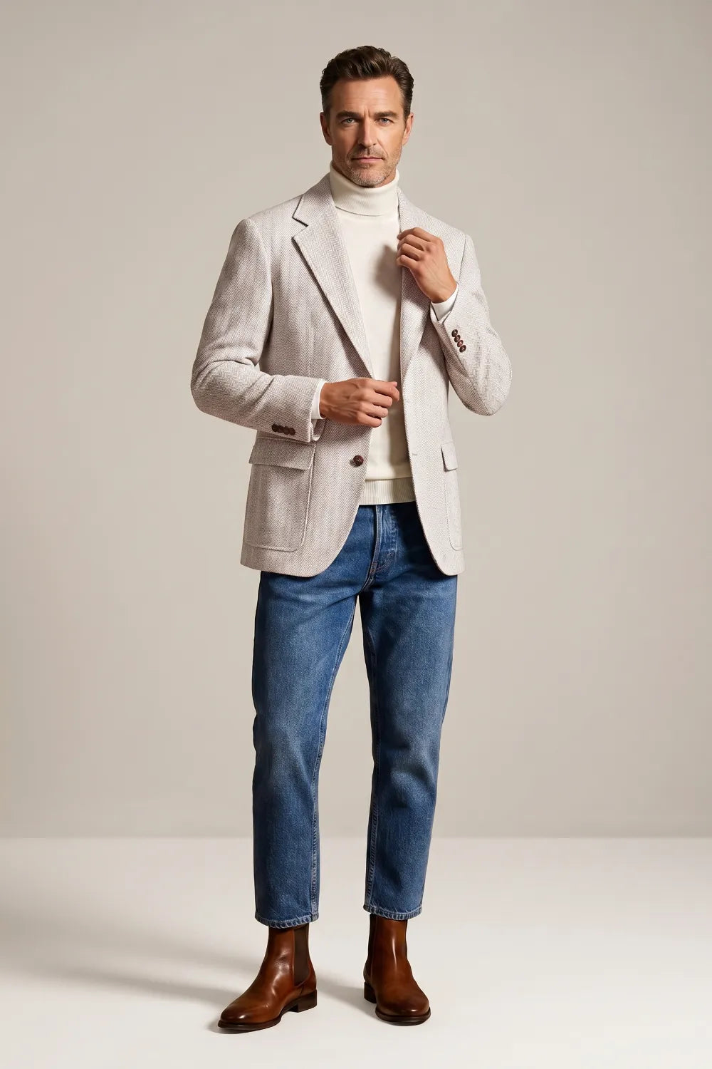 Men's Light Grey Herringbone Wool Blend Two Button Blazer