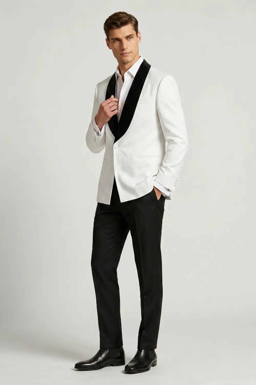 Men's White Jacquard Black Shawl Lapel 2-Piece Tuxedo Suit