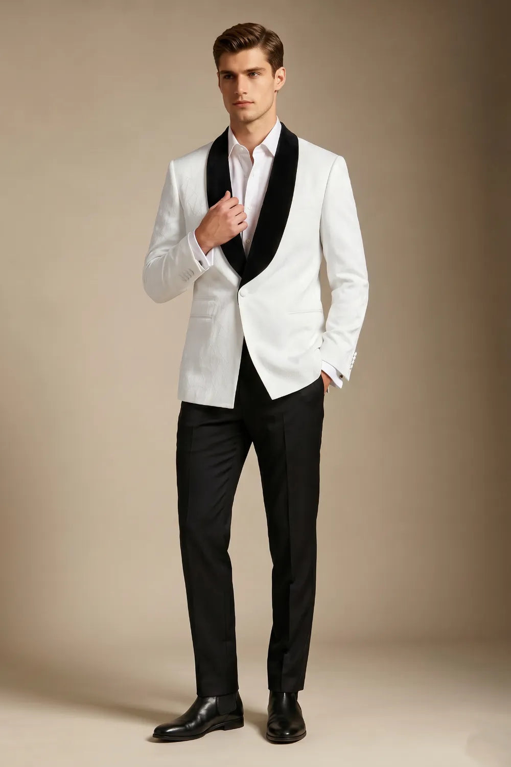 Men's White Jacquard Black Shawl Lapel 2-Piece Tuxedo Suit