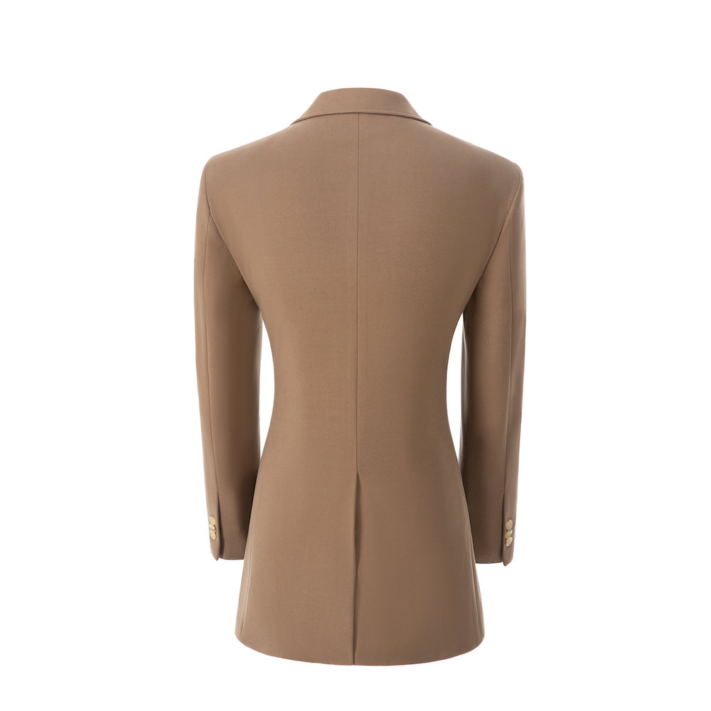 Men's coffee wool blazer - back view of single breasted business coat with gold cuff buttons and center vent