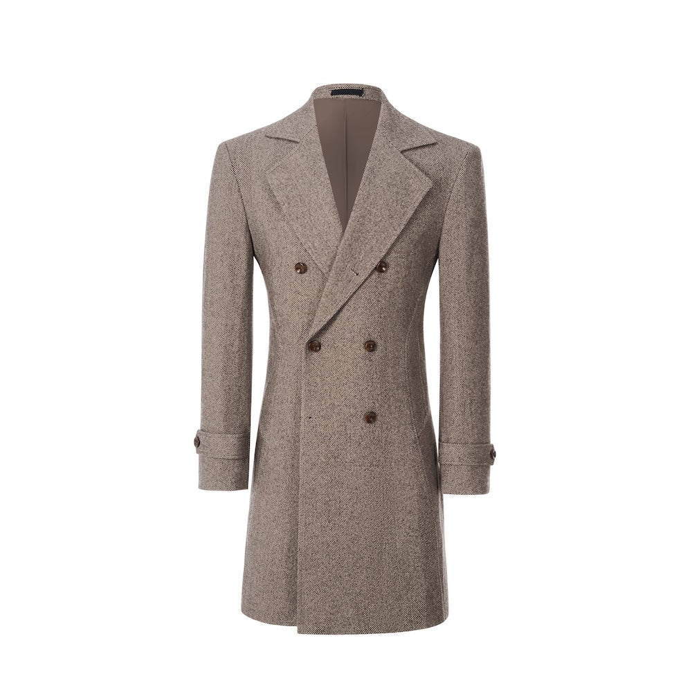 Coffee long winter coat for men – double-breasted front view