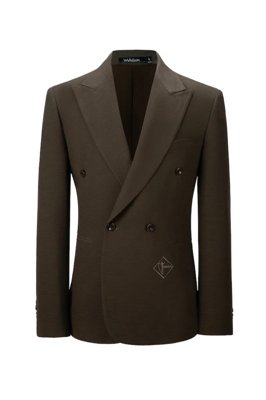 Designer style men's brown double breasted blazer - two button formal jacket with embroidered logo