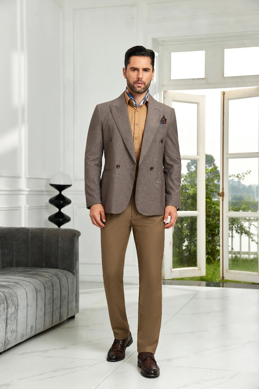 Men's Coffee Double-Breasted Pinstripe Blazer