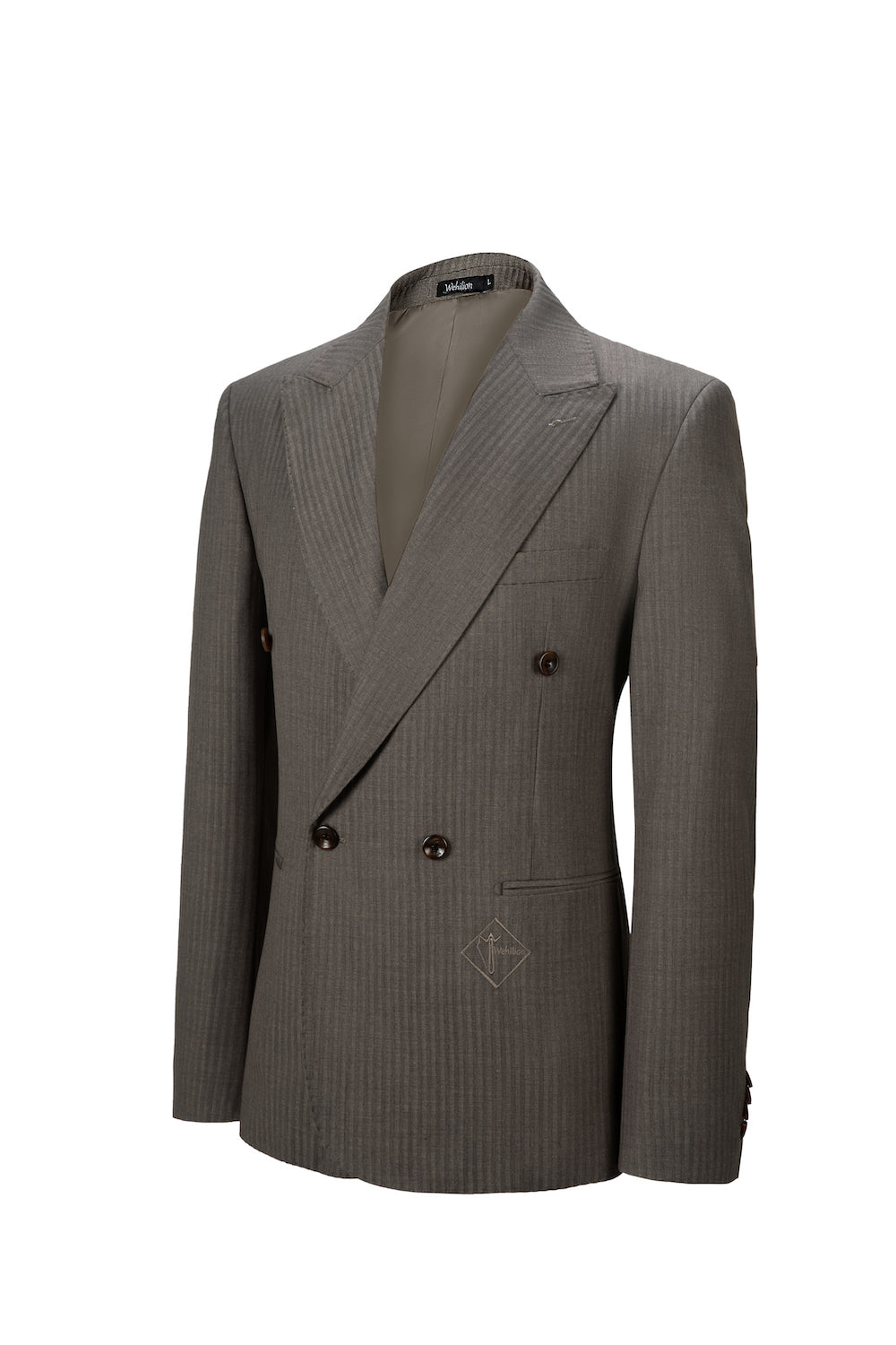 Angled front view of pinstripe double-breasted men's blazer