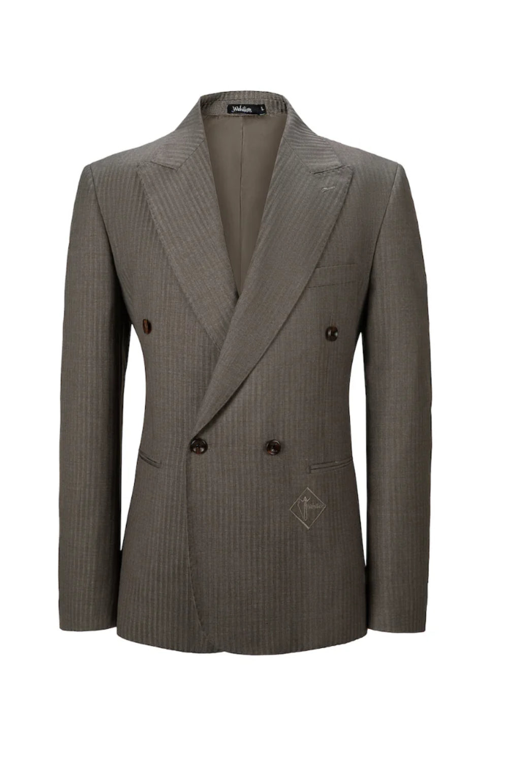 double-breasted pinstripe blazer with peak lapel and two-button design