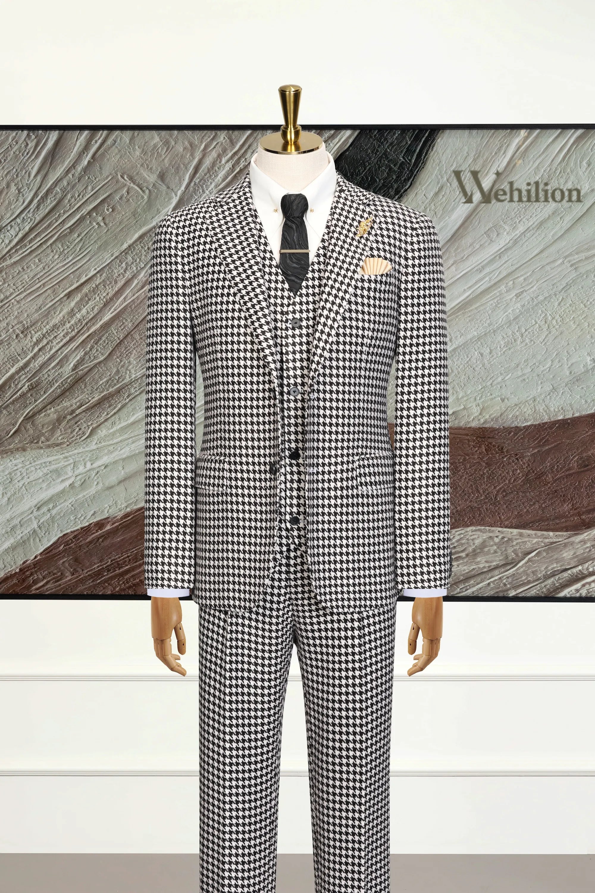 Men's Iconic Black & White Houndstooth 3 Piece Suits