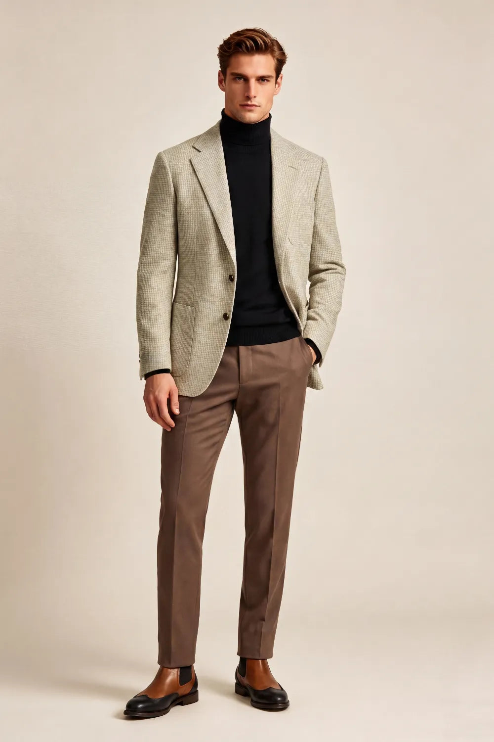Men's Beige Houndstooth Notch Lapel 2 Piece Suit