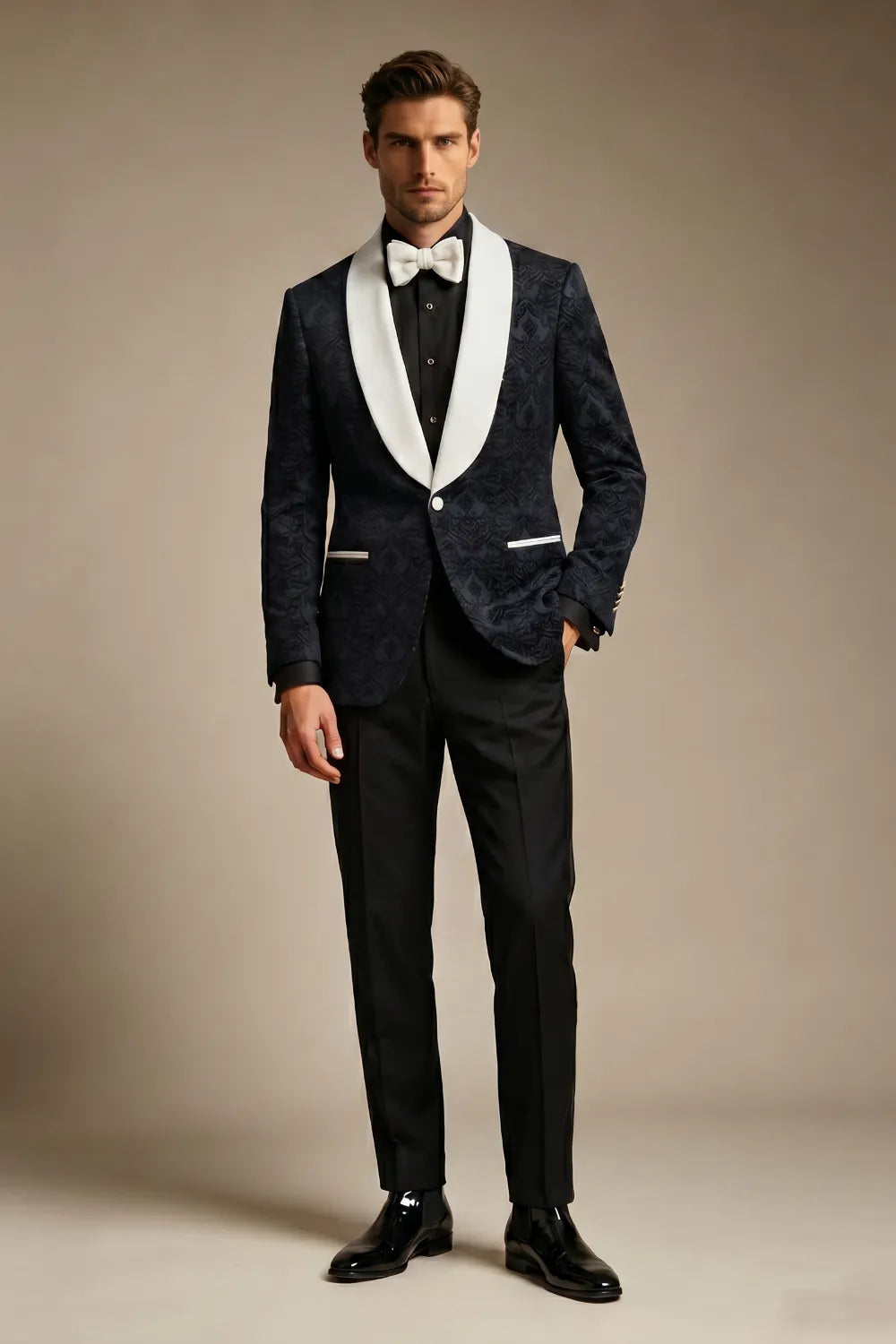 Men's Black Jacquard White Shawl Lapel 2-Piece Tuxedo Suit
