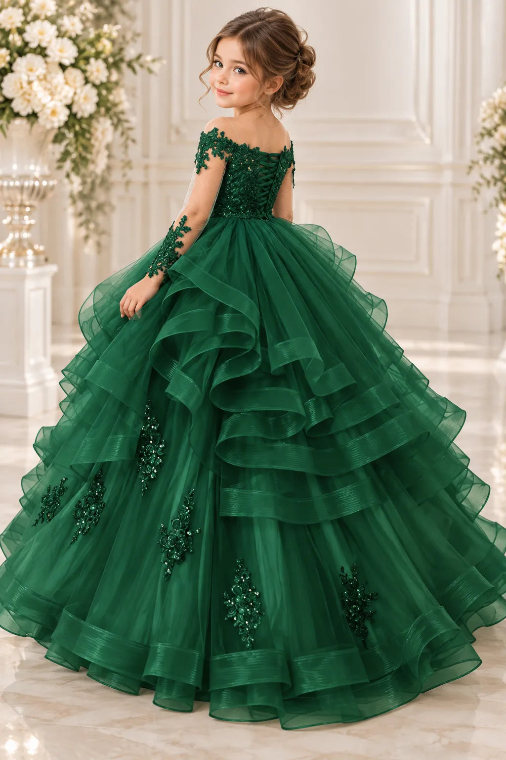 Crystal Emerald Layered Tulle Pageant Dress