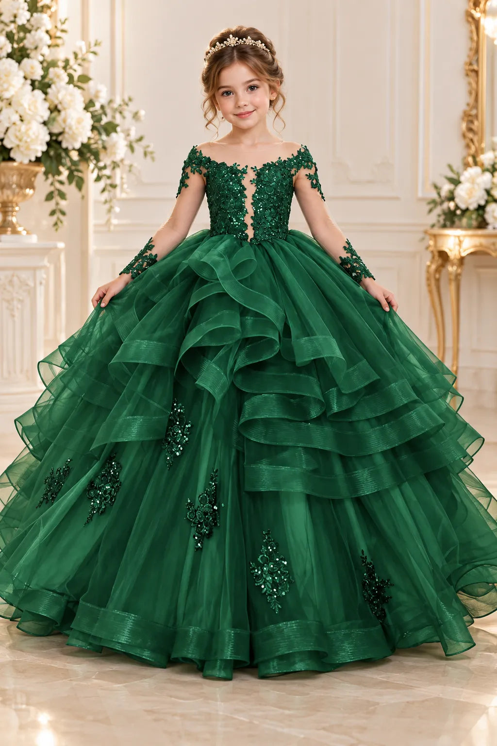 Crystal Emerald Layered Tulle Pageant Dress