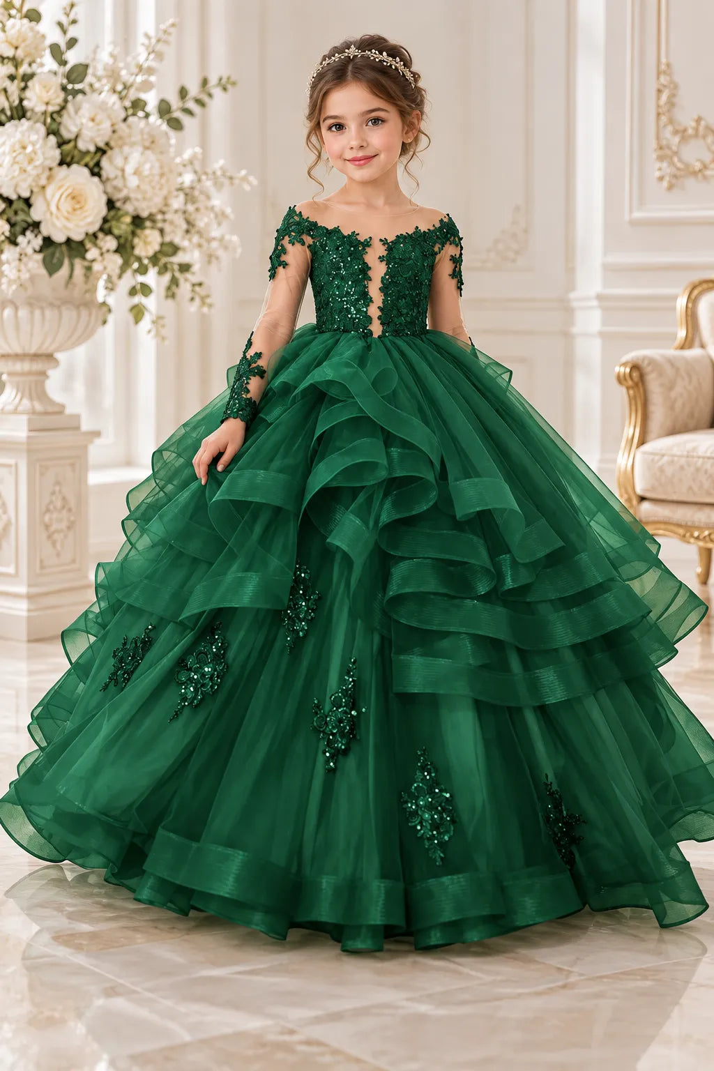 Crystal Emerald Layered Tulle Pageant Dress