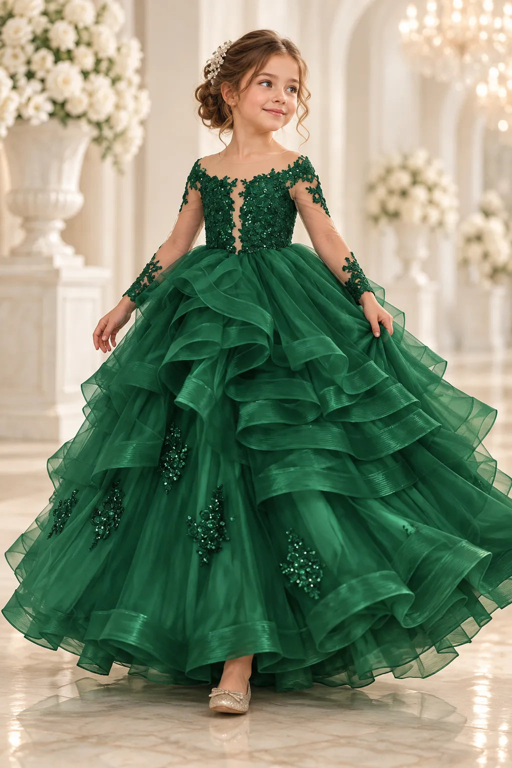 Crystal Emerald Layered Tulle Pageant Dress