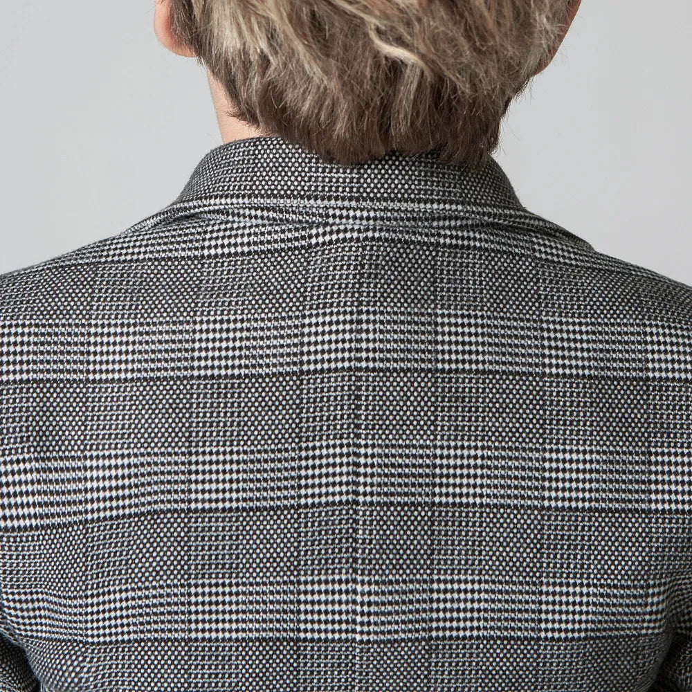 Grey plaid boys suit fabric detail - elegant formal 5-piece checked pattern back view