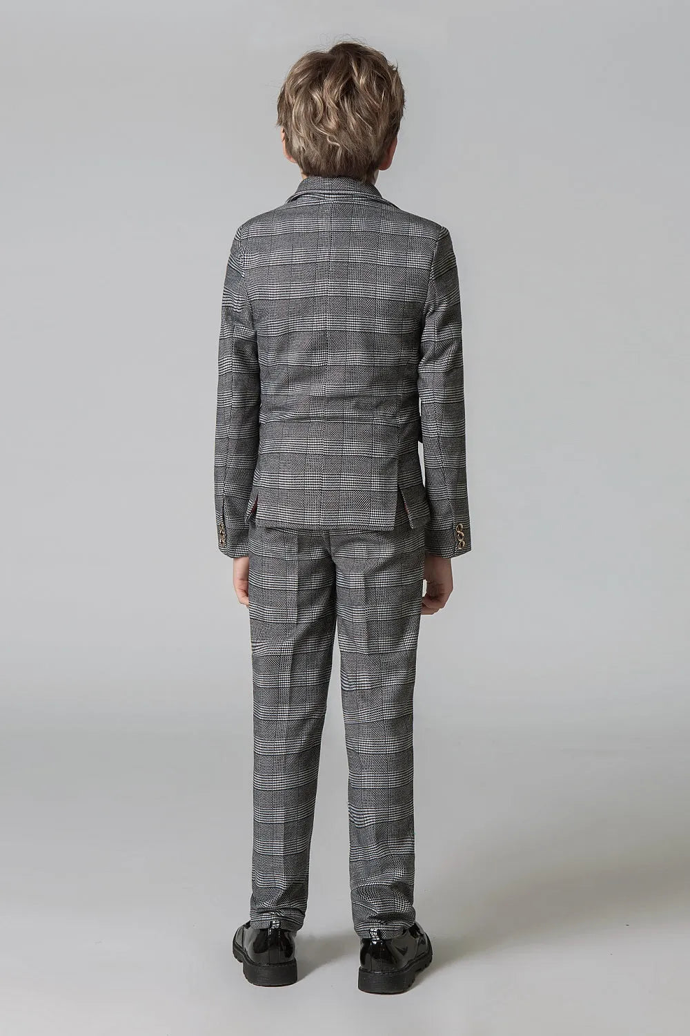 Grey plaid boys suit back view: Elegant 5-piece formal checked blazer & pants set