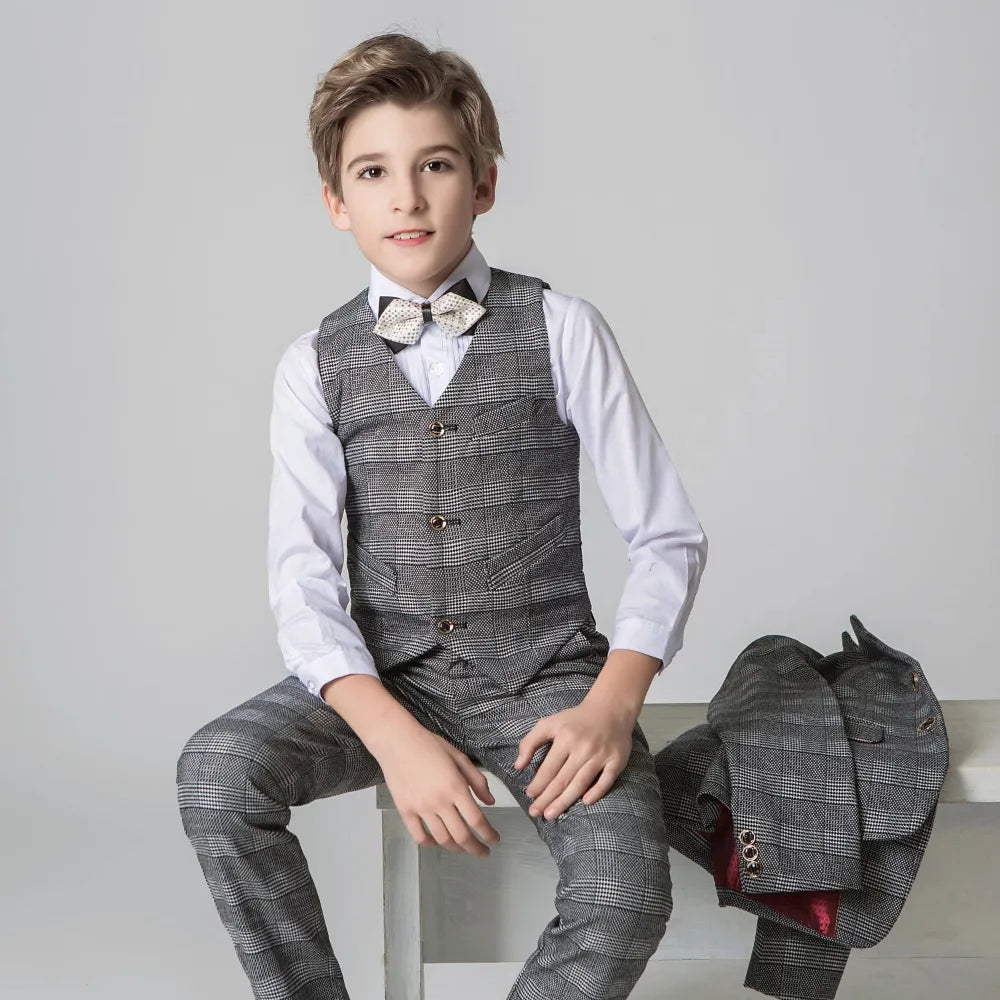 Grey plaid boys suit vest detail: 5-piece formal set with bow tie & checked pattern