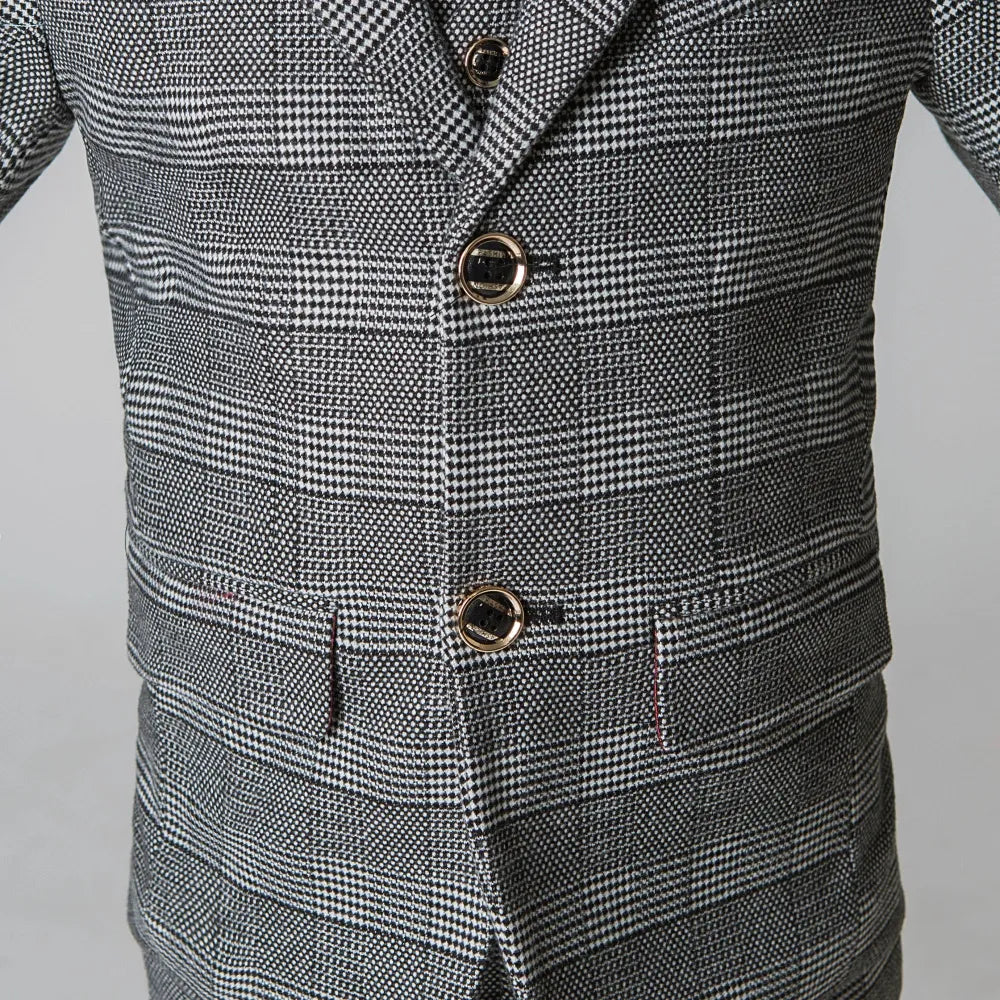 Grey plaid boys suit button detail: Elegant formal 5-piece set with checked pattern & gold accents
