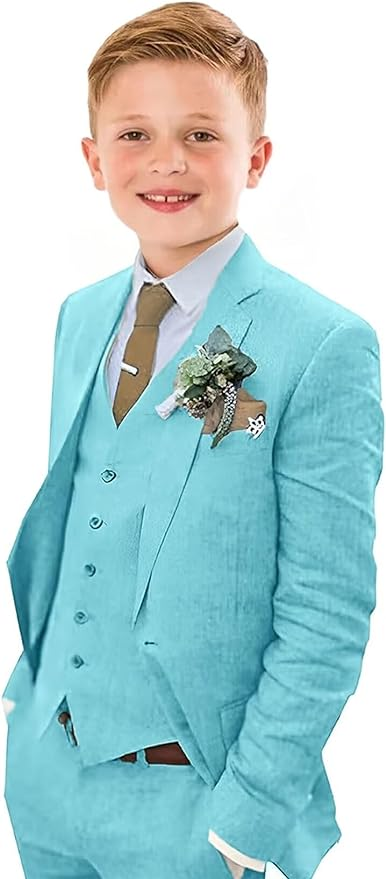 Cyan 3 piece boys linen suit with vest and jacket – breathable summer wedding outfit