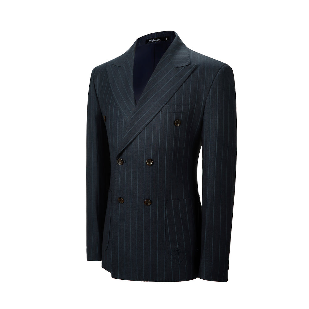 Chalk stripe men's blazer back view – double-breasted wedding ready style
