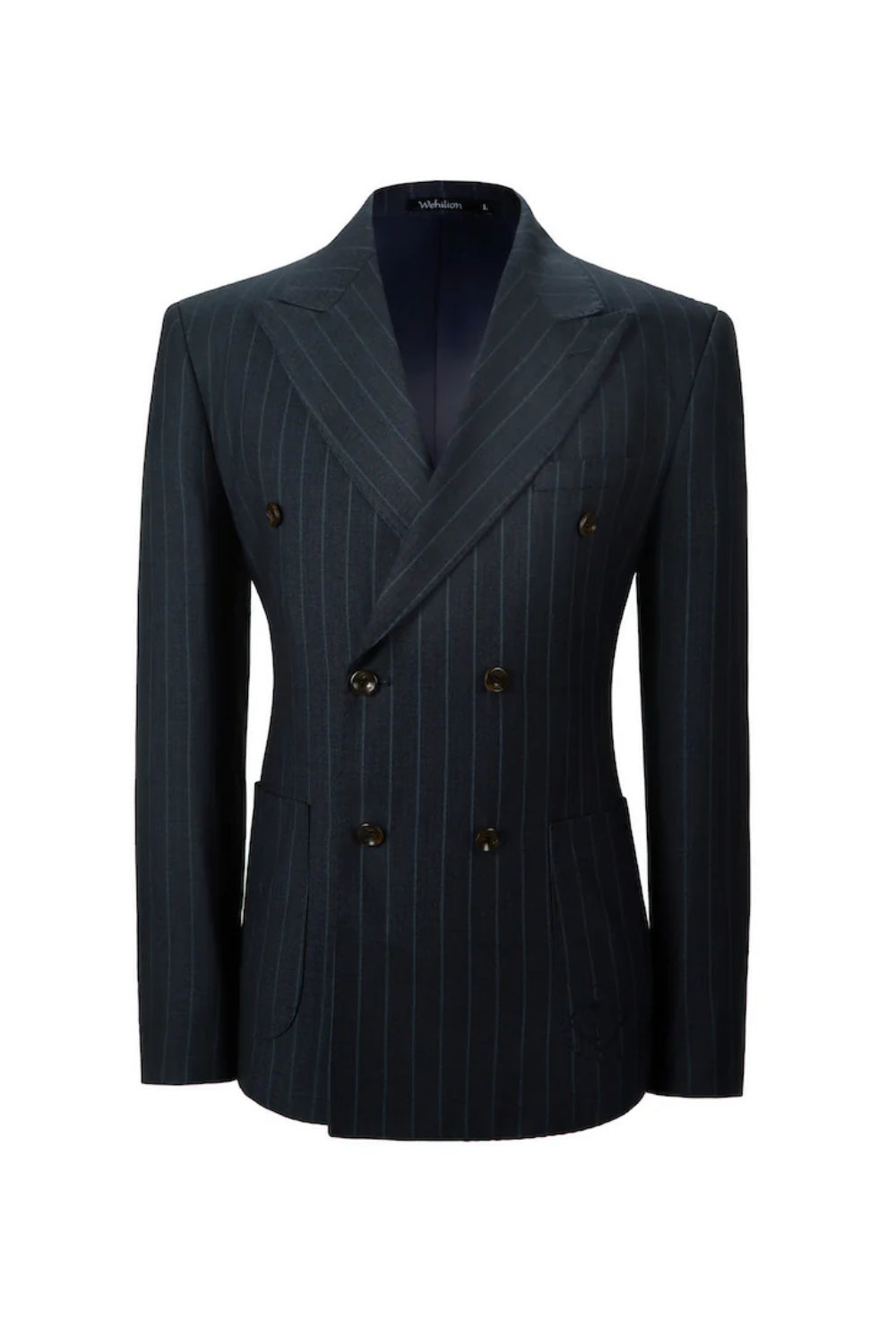 Flat-lay studio image of chalk stripe double-breasted men's blazer– wedding designer suit