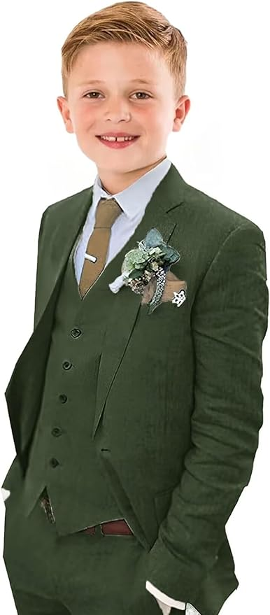 Wehilion® ™ Dark green linen 3-piece boys suit with structured jacket—ideal for forest-themed weddings.