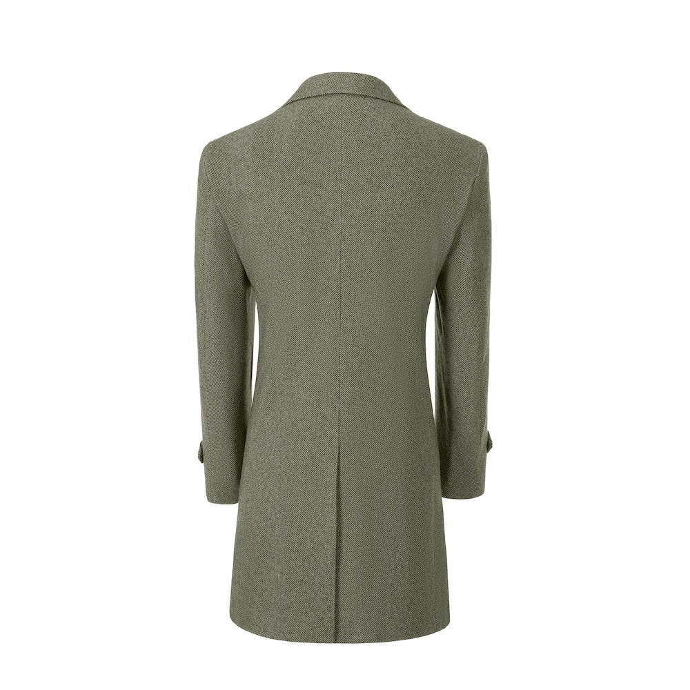 Dark green back view of long coat for men – tailored winter style