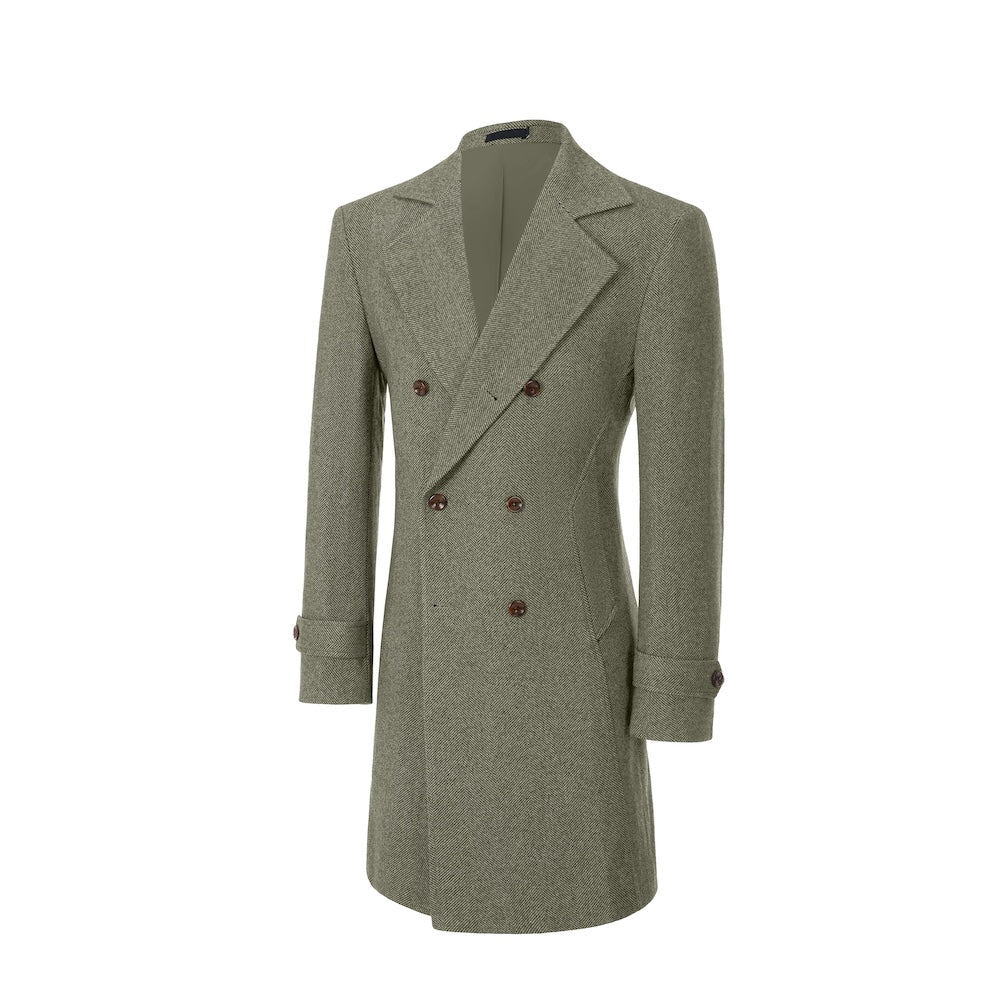 Dark green double-breasted outdoor coat for men – angled side view