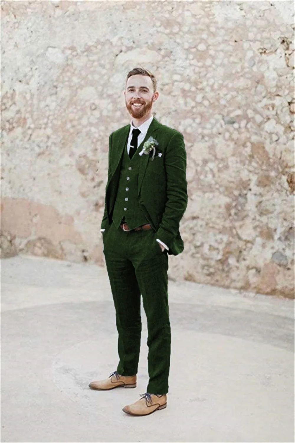 Men's dark green 3 piece linen suit – slim fit blazer, vest and trousers for retro beach wedding summer style